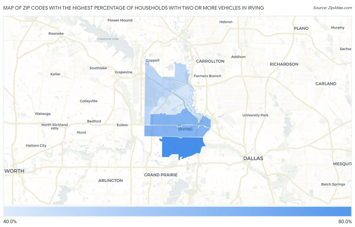 Zip Codes with the Highest Percentage of Households With Two or more Vehicles in Irving Map