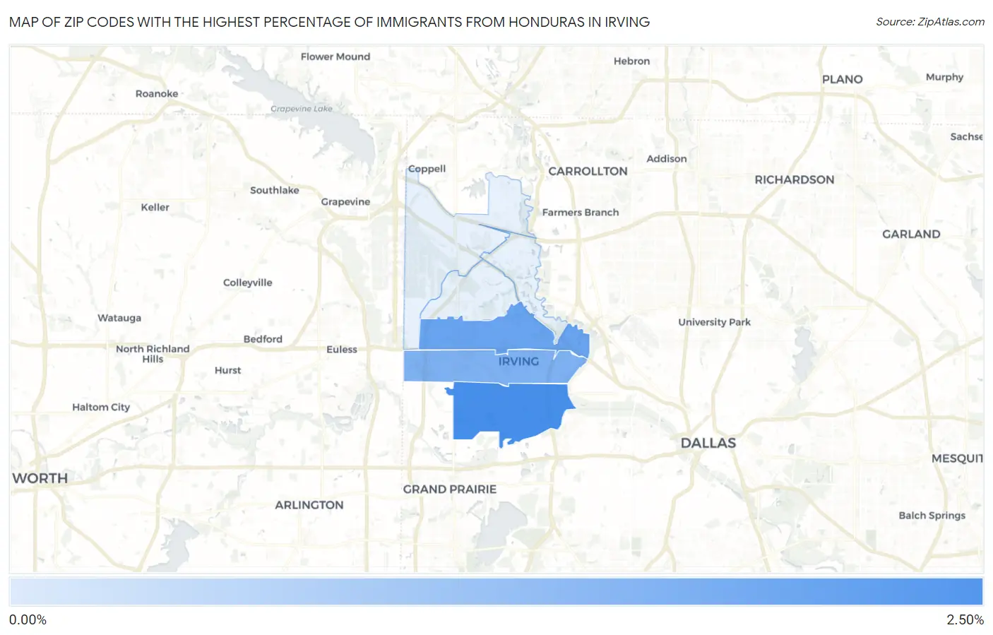 Zip Codes with the Highest Percentage of Immigrants from Honduras in Irving Map