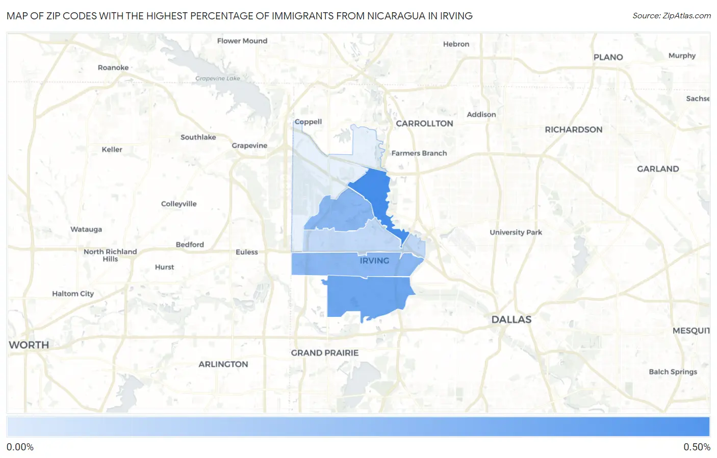 Zip Codes with the Highest Percentage of Immigrants from Nicaragua in Irving Map
