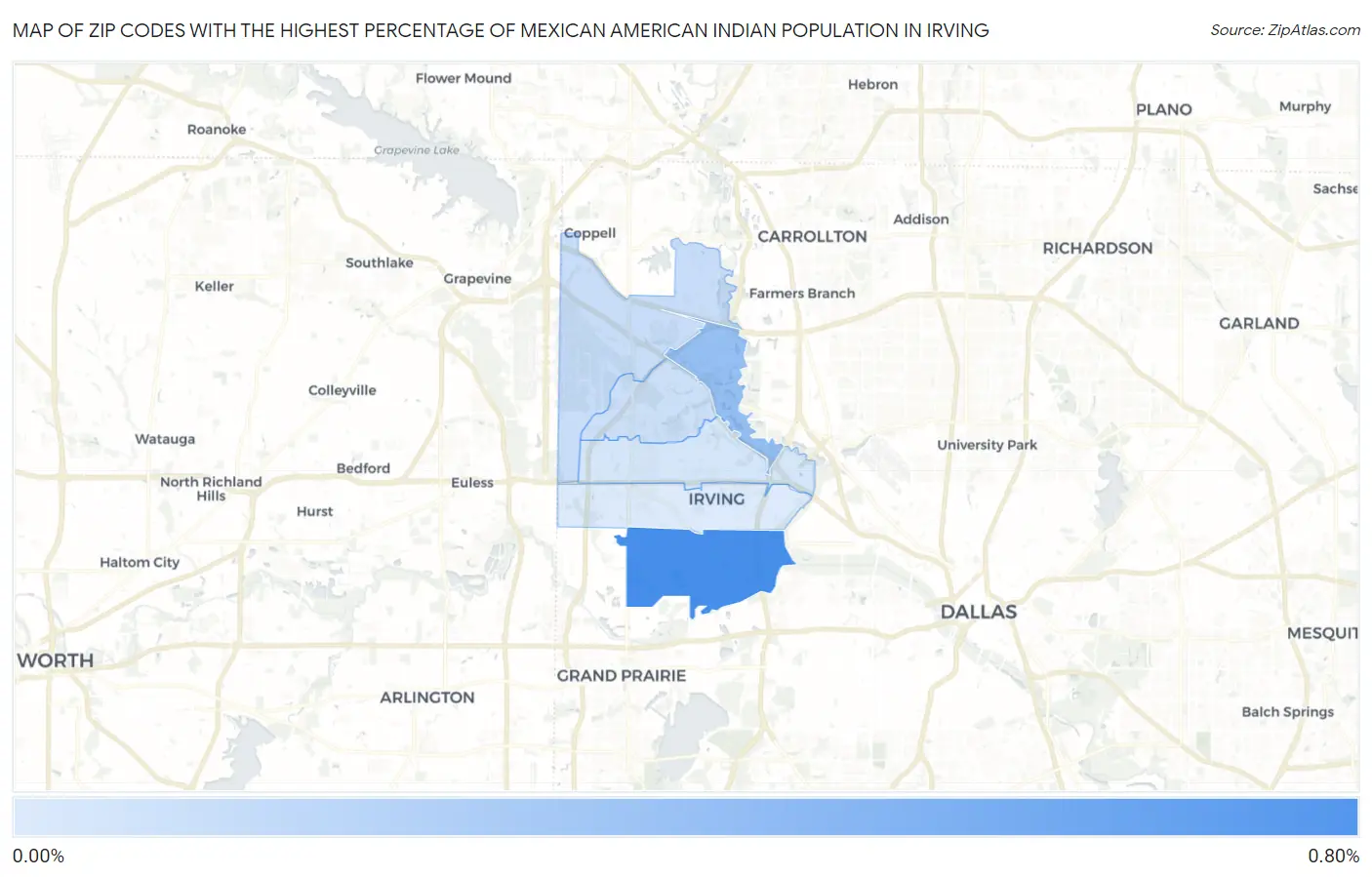 Zip Codes with the Highest Percentage of Mexican American Indian Population in Irving Map