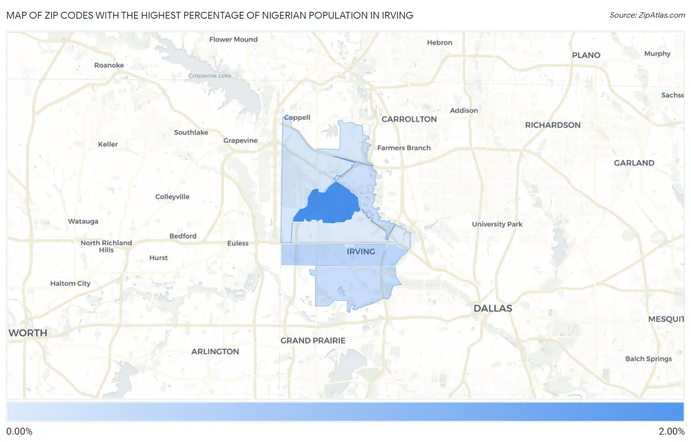 Zip Codes with the Highest Percentage of Nigerian Population in Irving Map