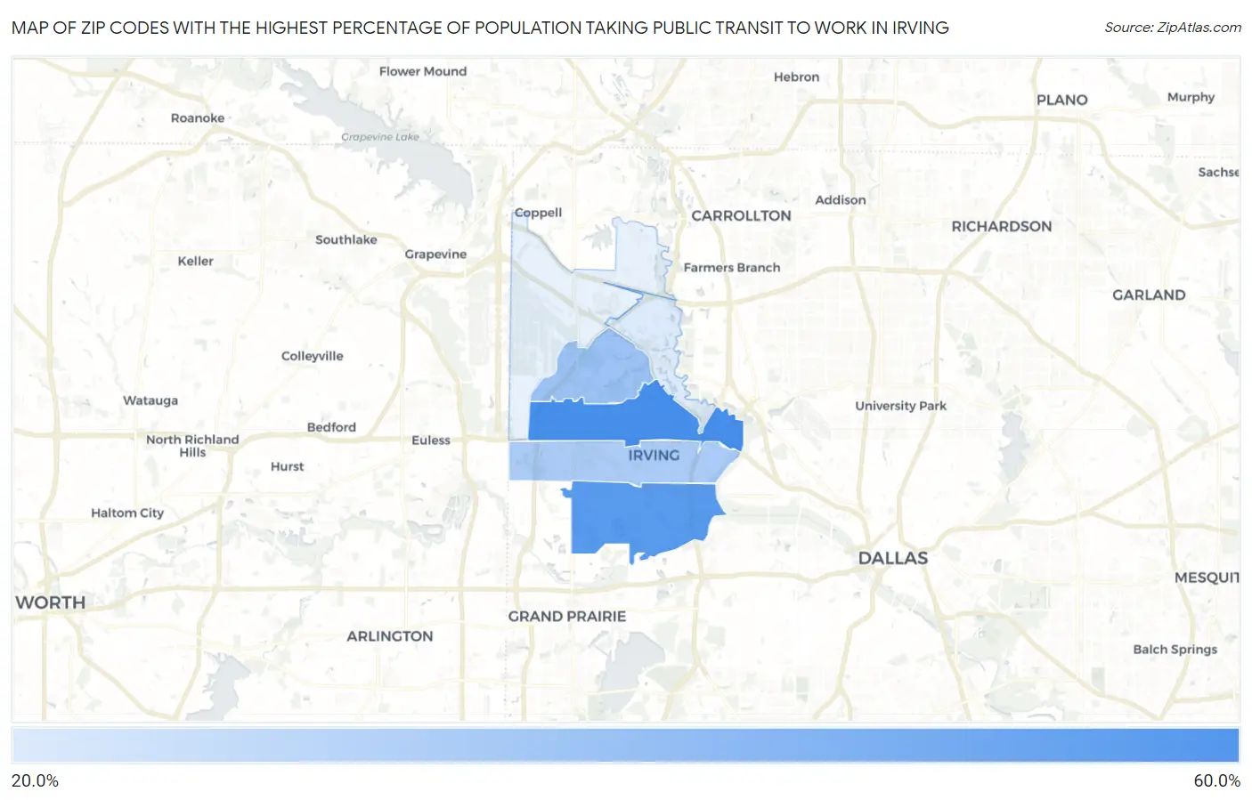 Zip Codes with the Highest Percentage of Population Taking Public Transit to Work in Irving Map