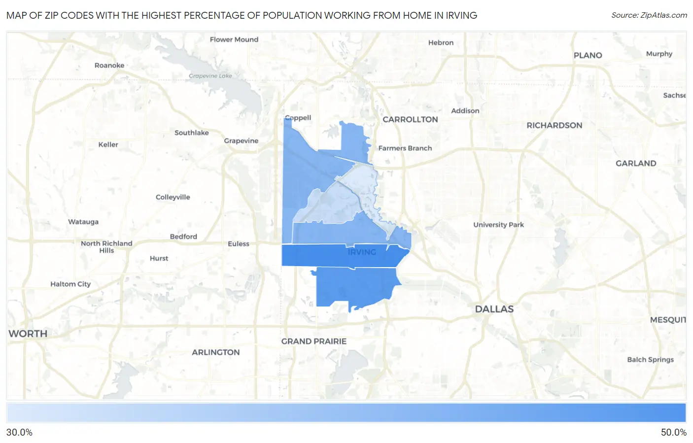 Zip Codes with the Highest Percentage of Population Working from Home in Irving Map