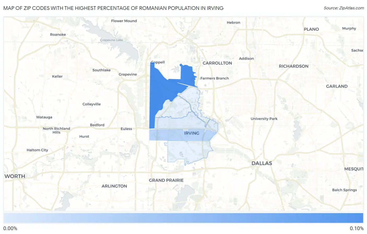 Zip Codes with the Highest Percentage of Romanian Population in Irving Map