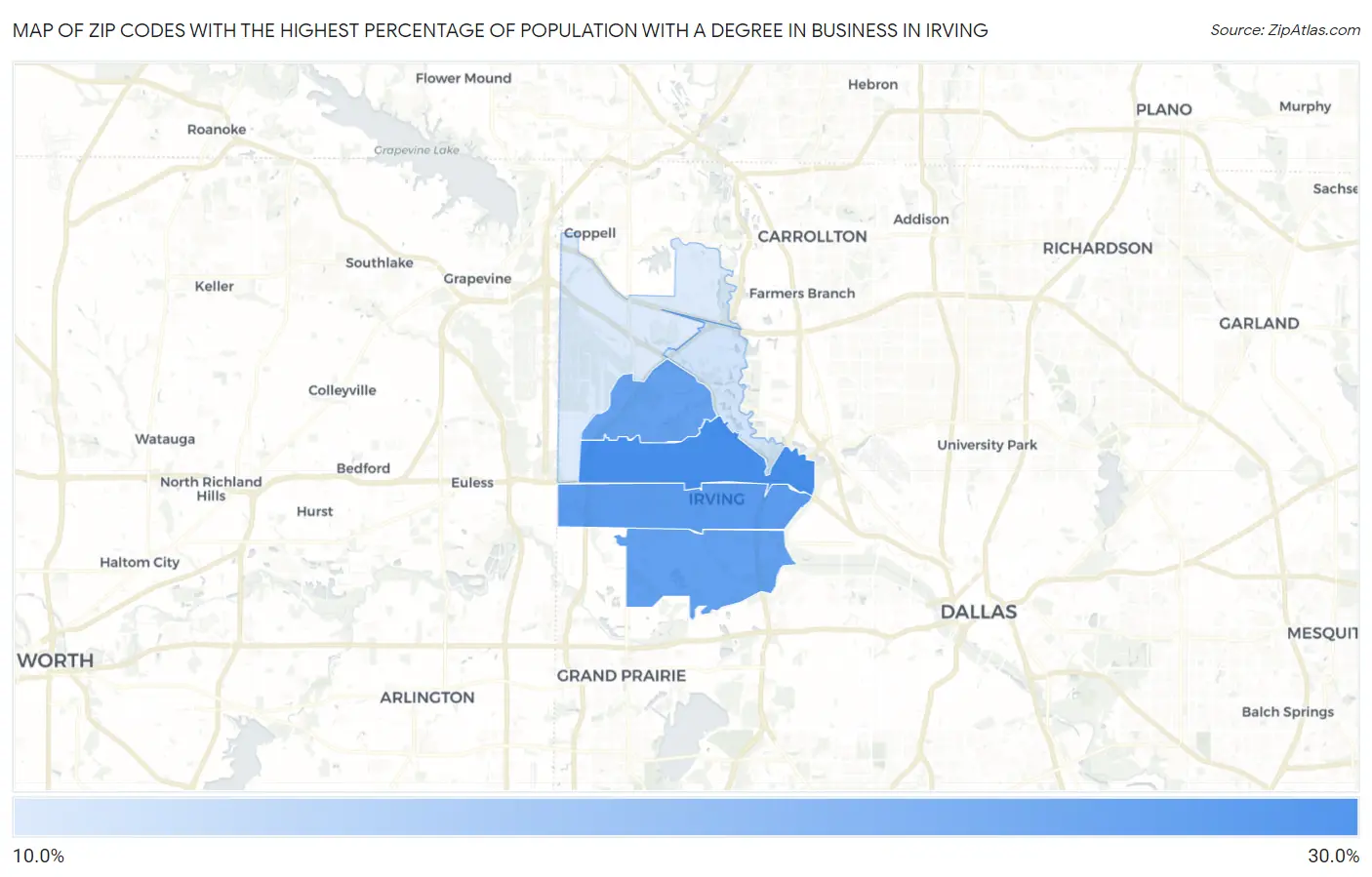 Zip Codes with the Highest Percentage of Population with a Degree in Business in Irving Map