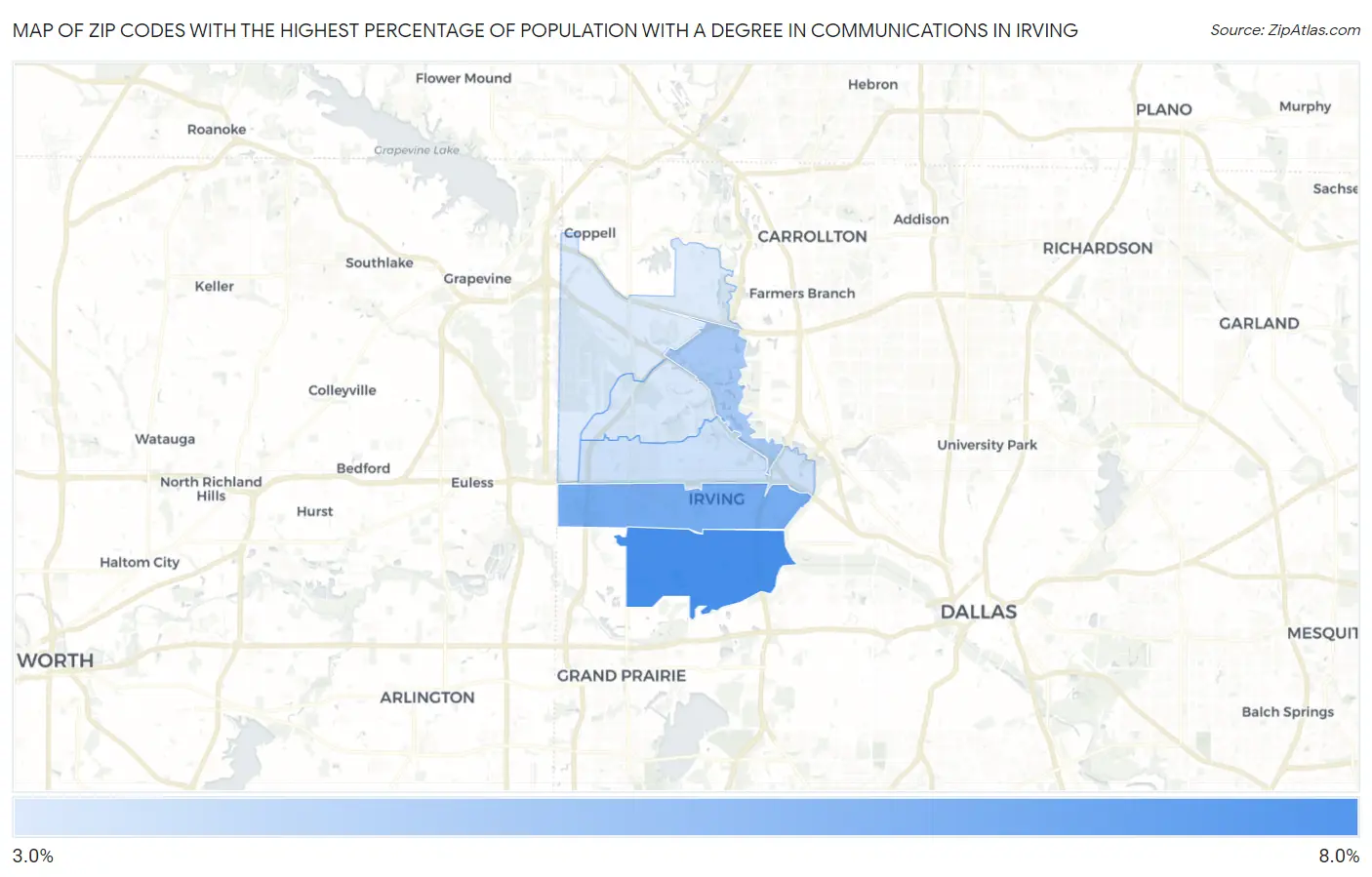 Zip Codes with the Highest Percentage of Population with a Degree in Communications in Irving Map