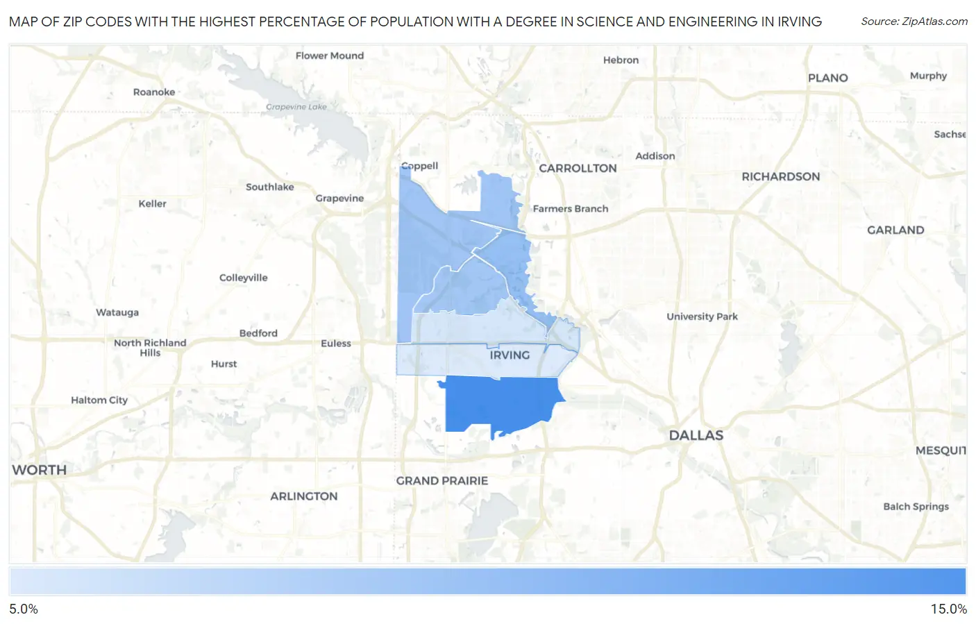 Zip Codes with the Highest Percentage of Population with a Degree in Science and Engineering in Irving Map