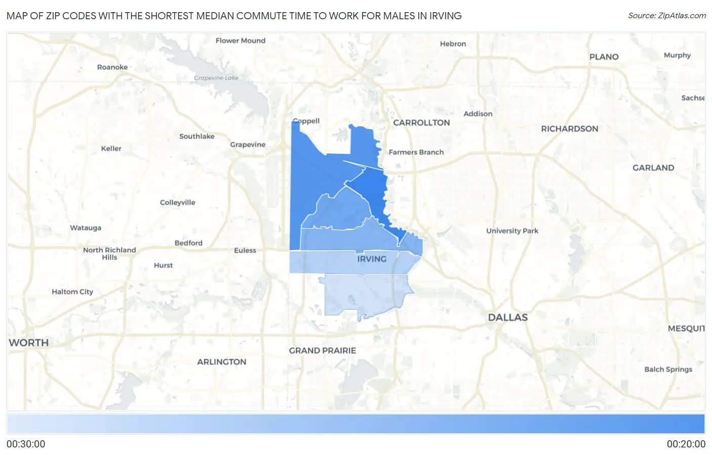 Zip Codes with the Shortest Median Commute Time to Work for Males in Irving Map