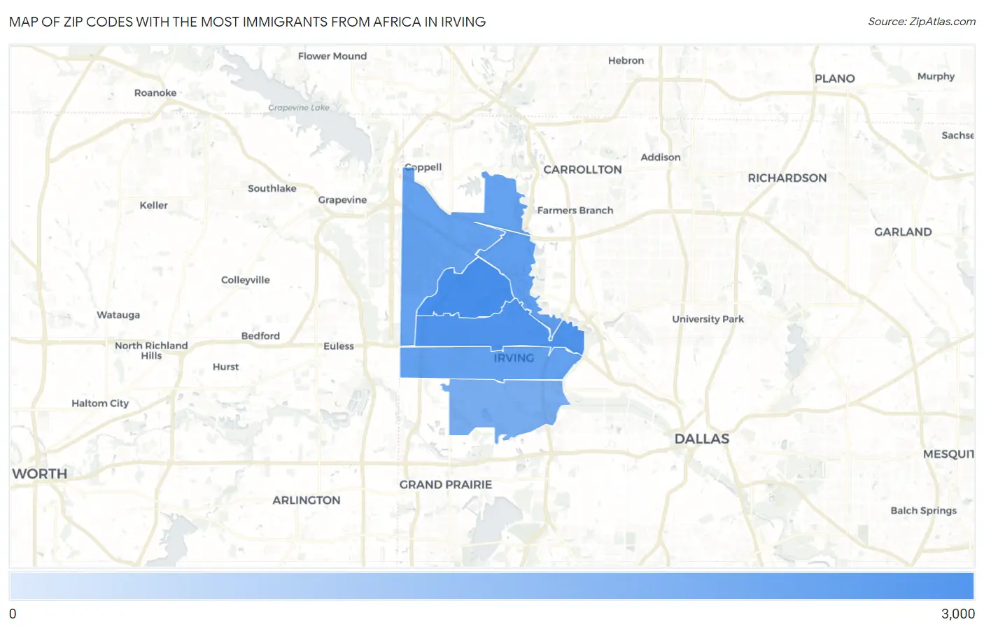 Zip Codes with the Most Immigrants from Africa in Irving Map