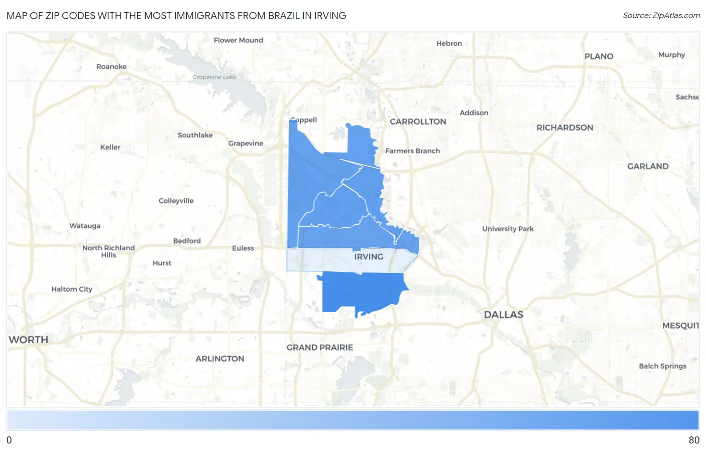 Zip Codes with the Most Immigrants from Brazil in Irving Map