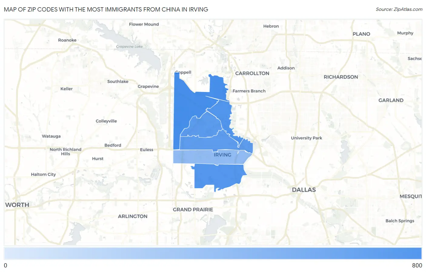 Zip Codes with the Most Immigrants from China in Irving Map