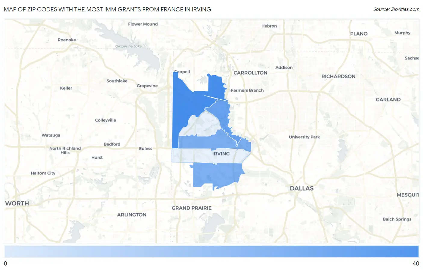 Zip Codes with the Most Immigrants from France in Irving Map