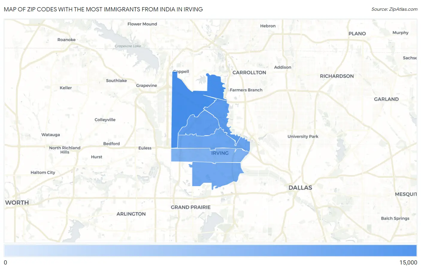 Zip Codes with the Most Immigrants from India in Irving Map