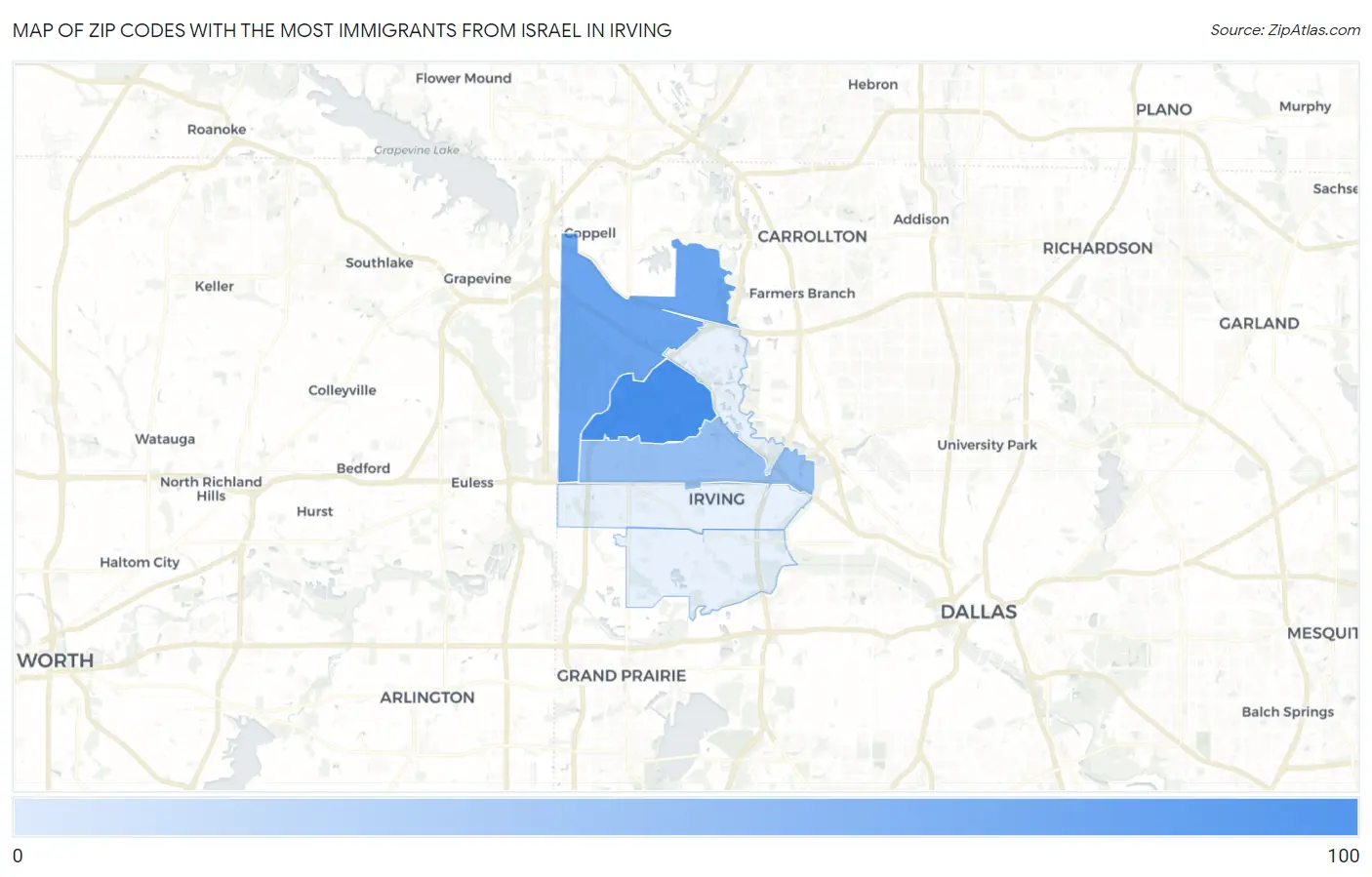 Zip Codes with the Most Immigrants from Israel in Irving Map