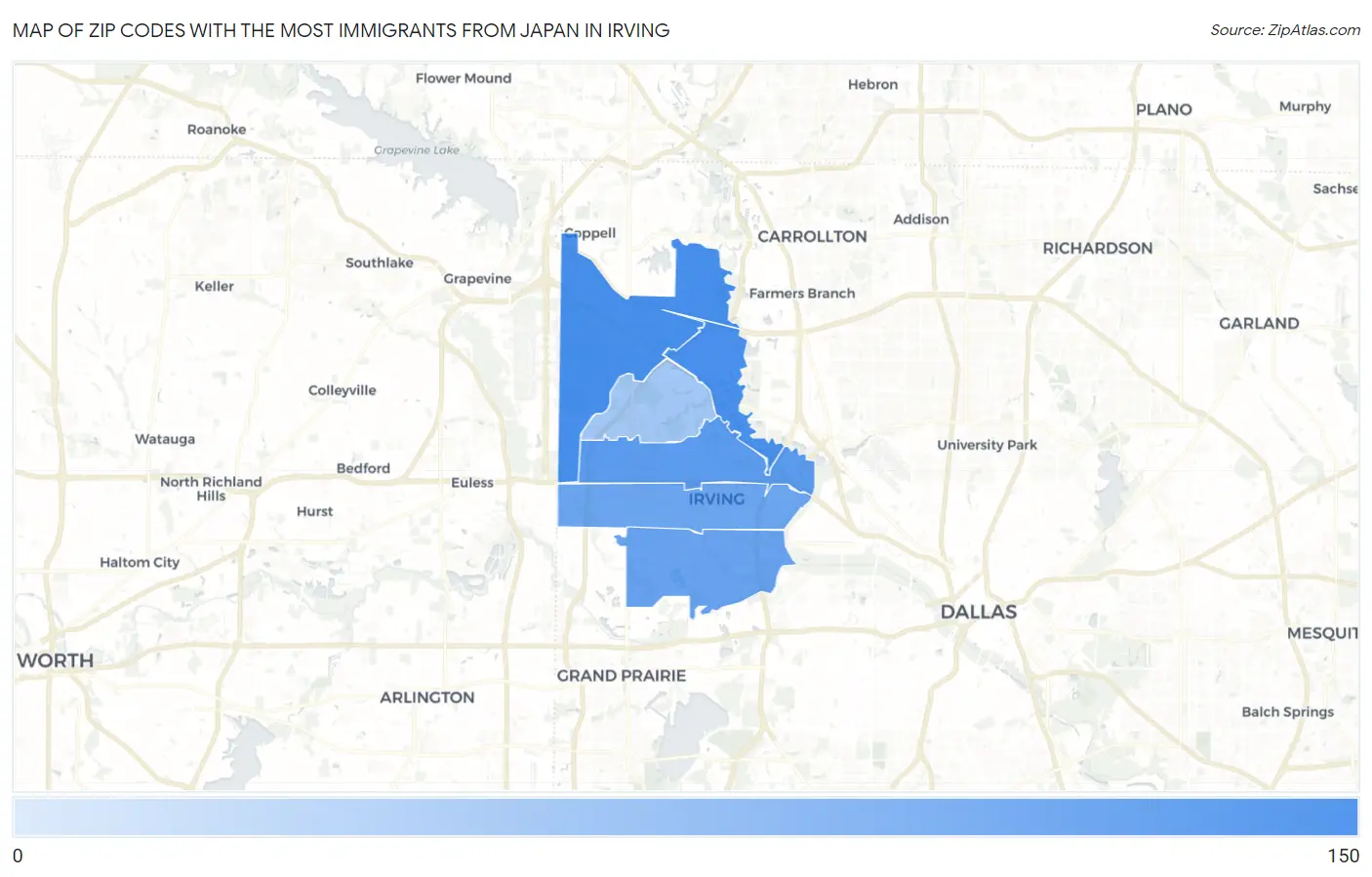 Zip Codes with the Most Immigrants from Japan in Irving Map
