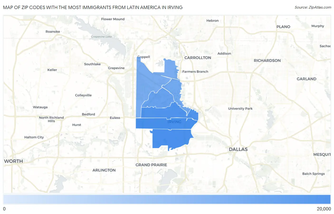 Zip Codes with the Most Immigrants from Latin America in Irving Map