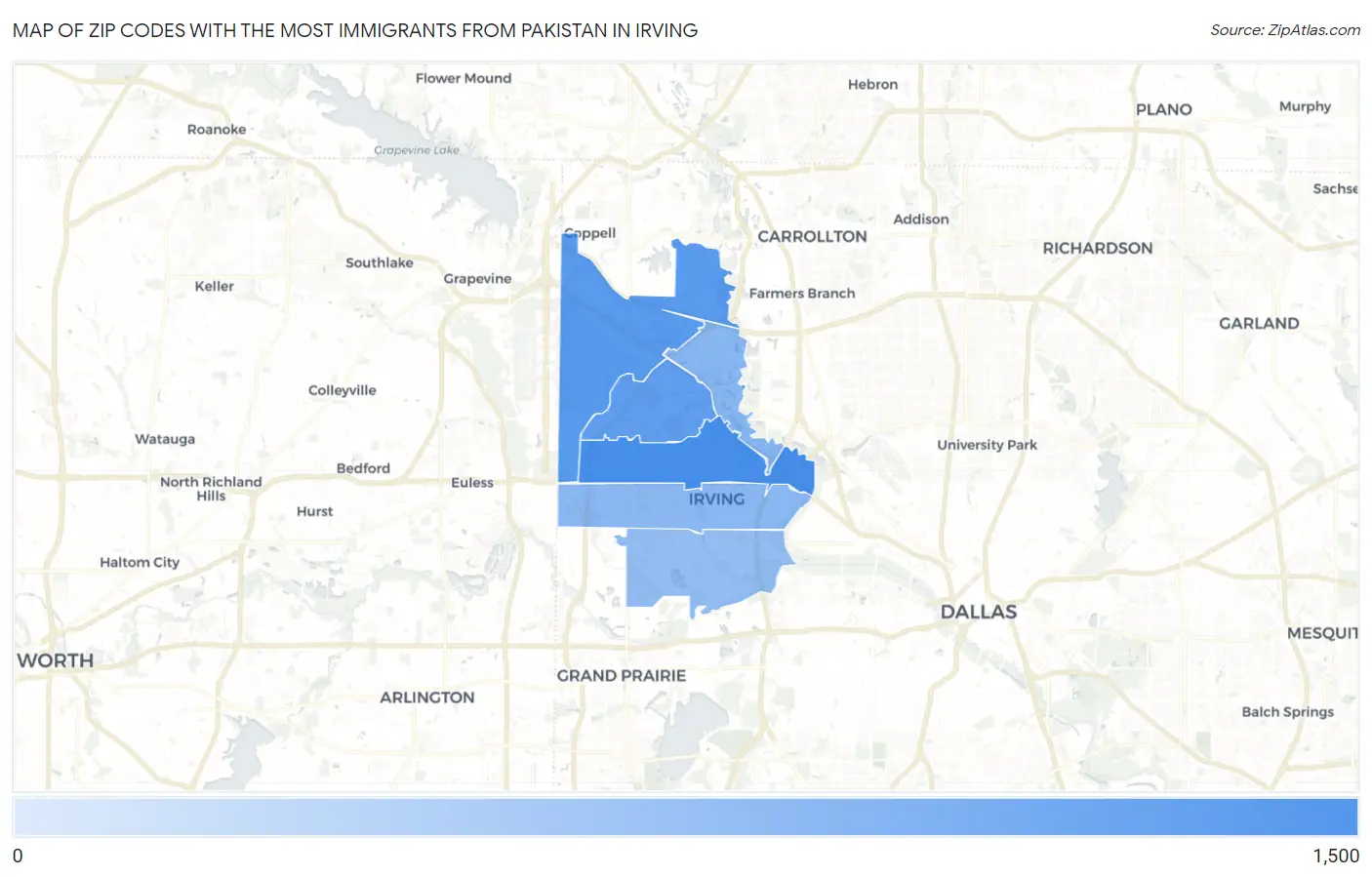 Zip Codes with the Most Immigrants from Pakistan in Irving Map