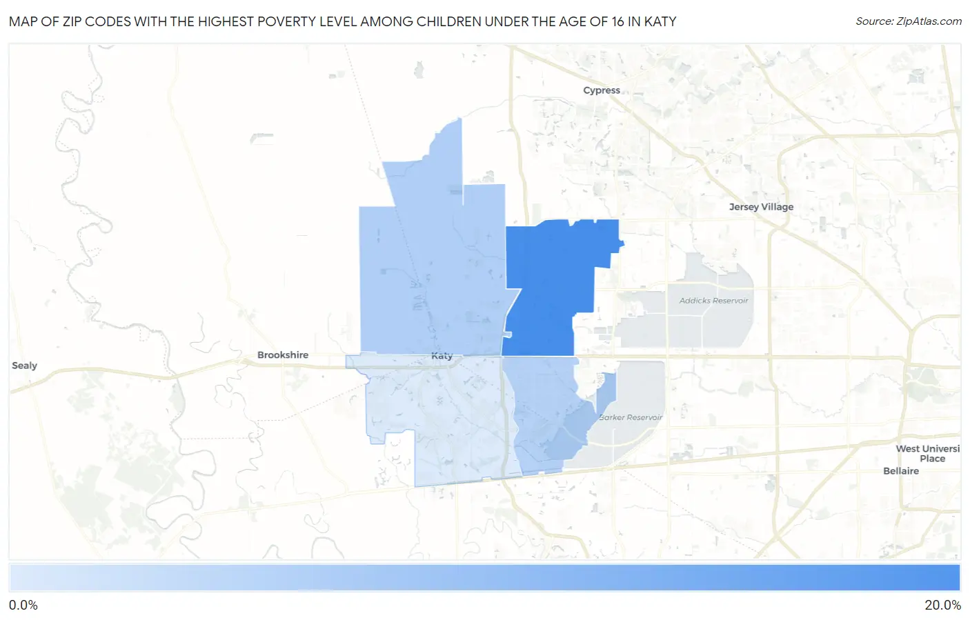 Zip Codes with the Highest Poverty Level Among Children Under the Age of 16 in Katy Map