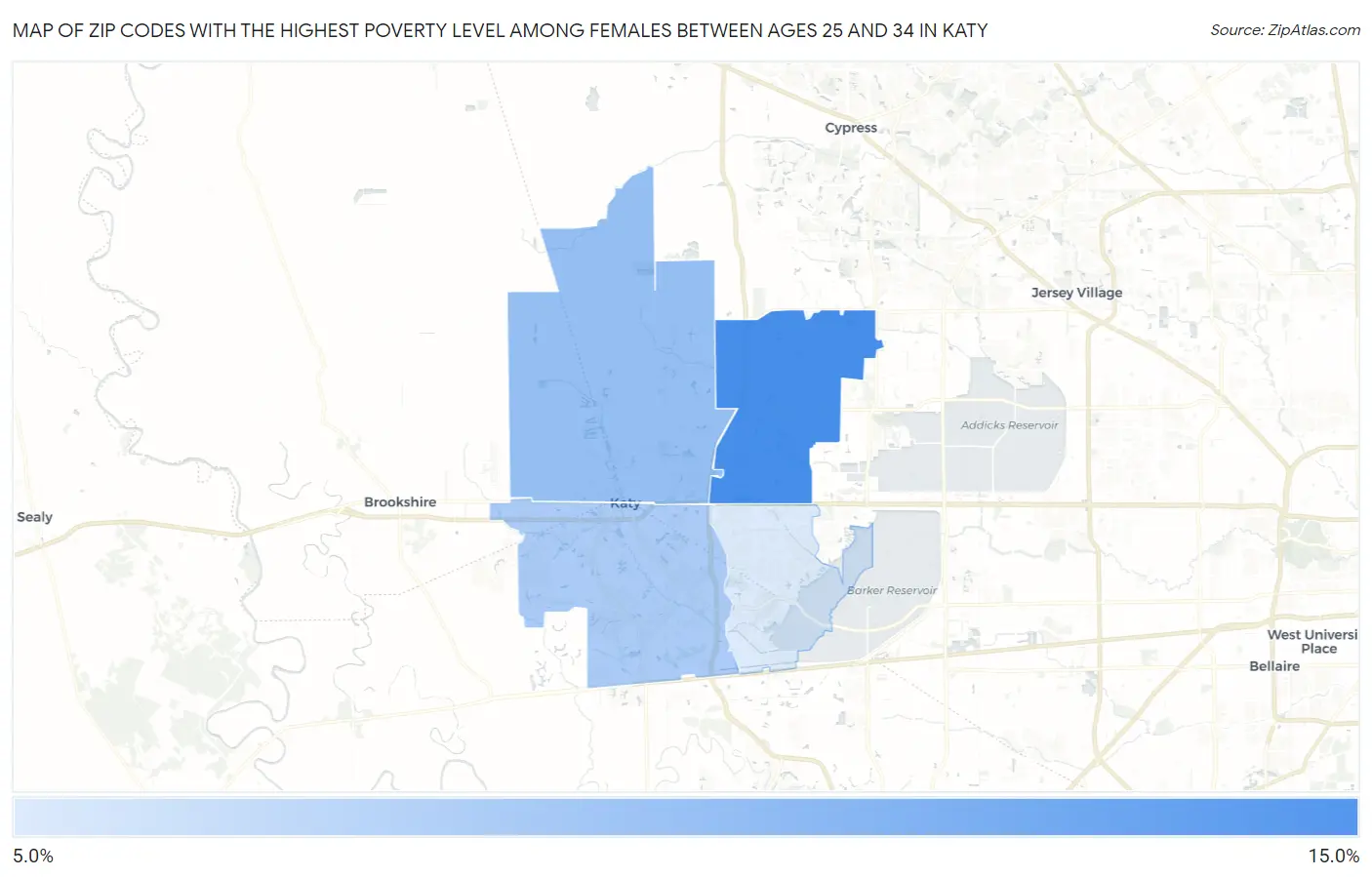 Zip Codes with the Highest Poverty Level Among Females Between Ages 25 and 34 in Katy Map