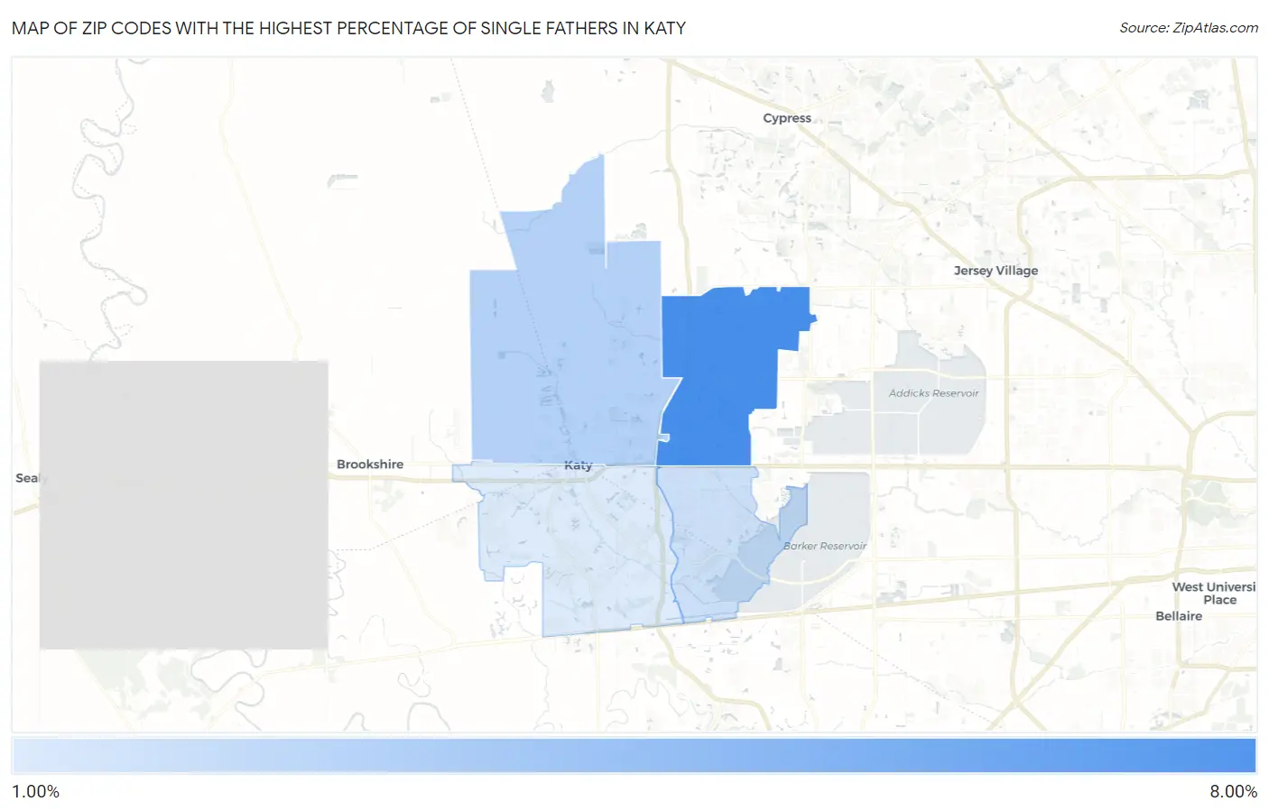 Zip Codes with the Highest Percentage of Single Fathers in Katy Map