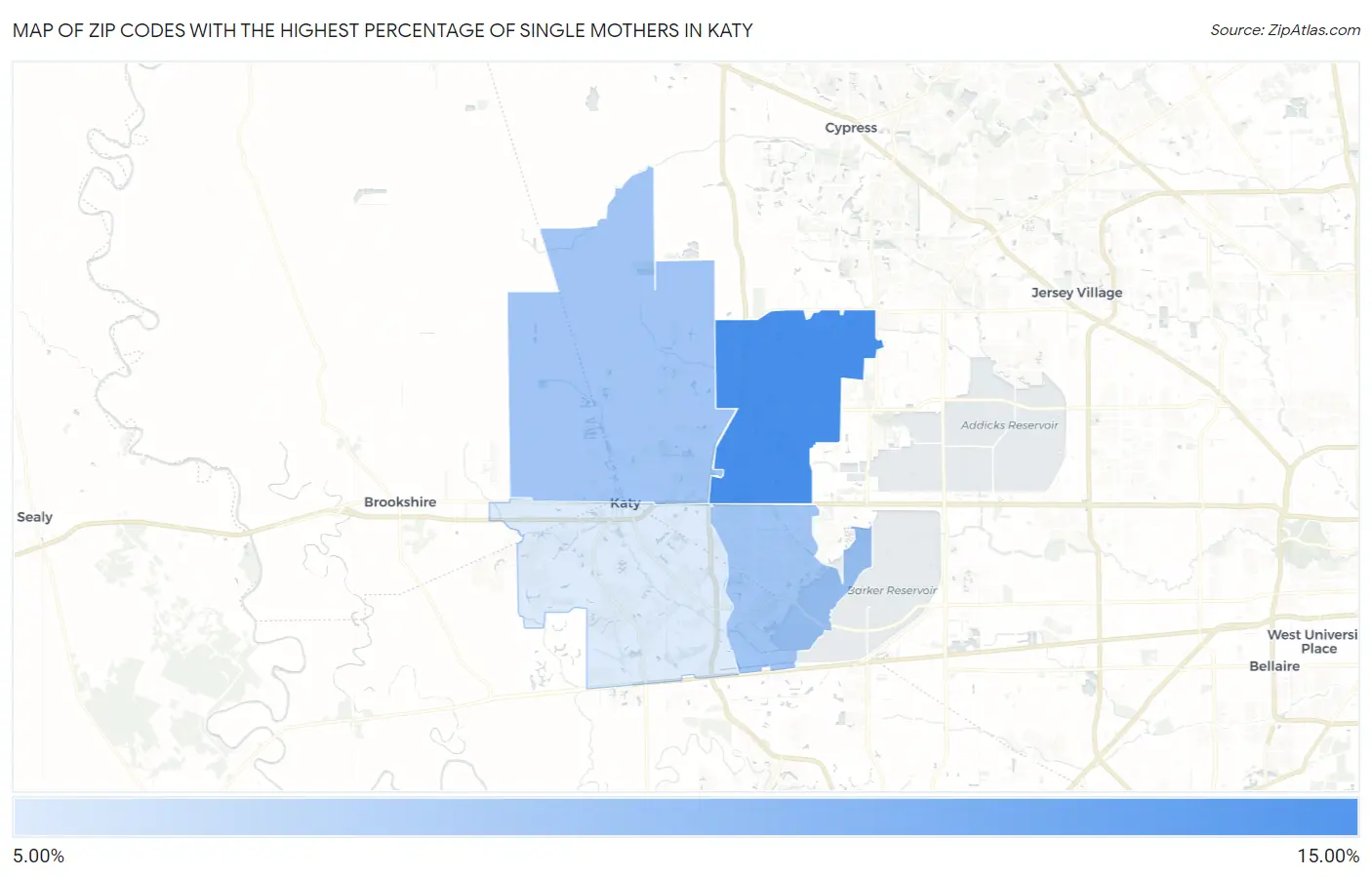 Zip Codes with the Highest Percentage of Single Mothers in Katy Map