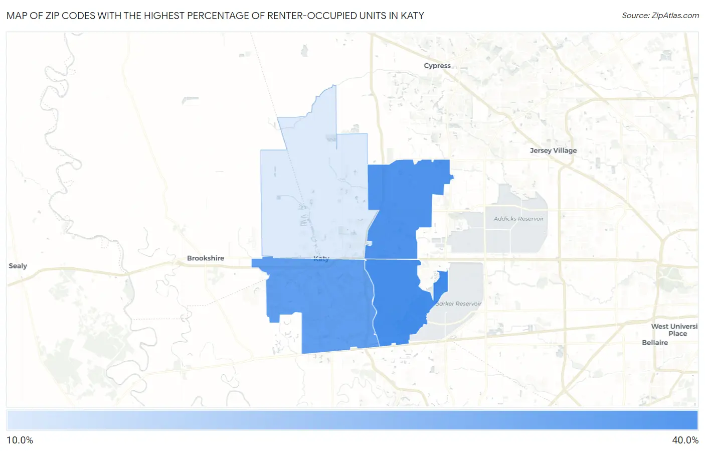 Zip Codes with the Highest Percentage of Renter-Occupied Units in Katy Map
