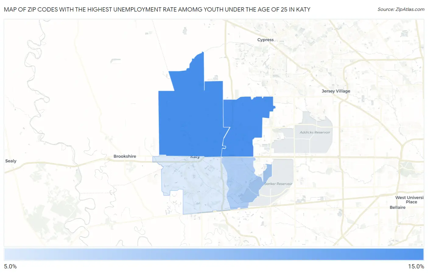 Zip Codes with the Highest Unemployment Rate Amomg Youth Under the Age of 25 in Katy Map