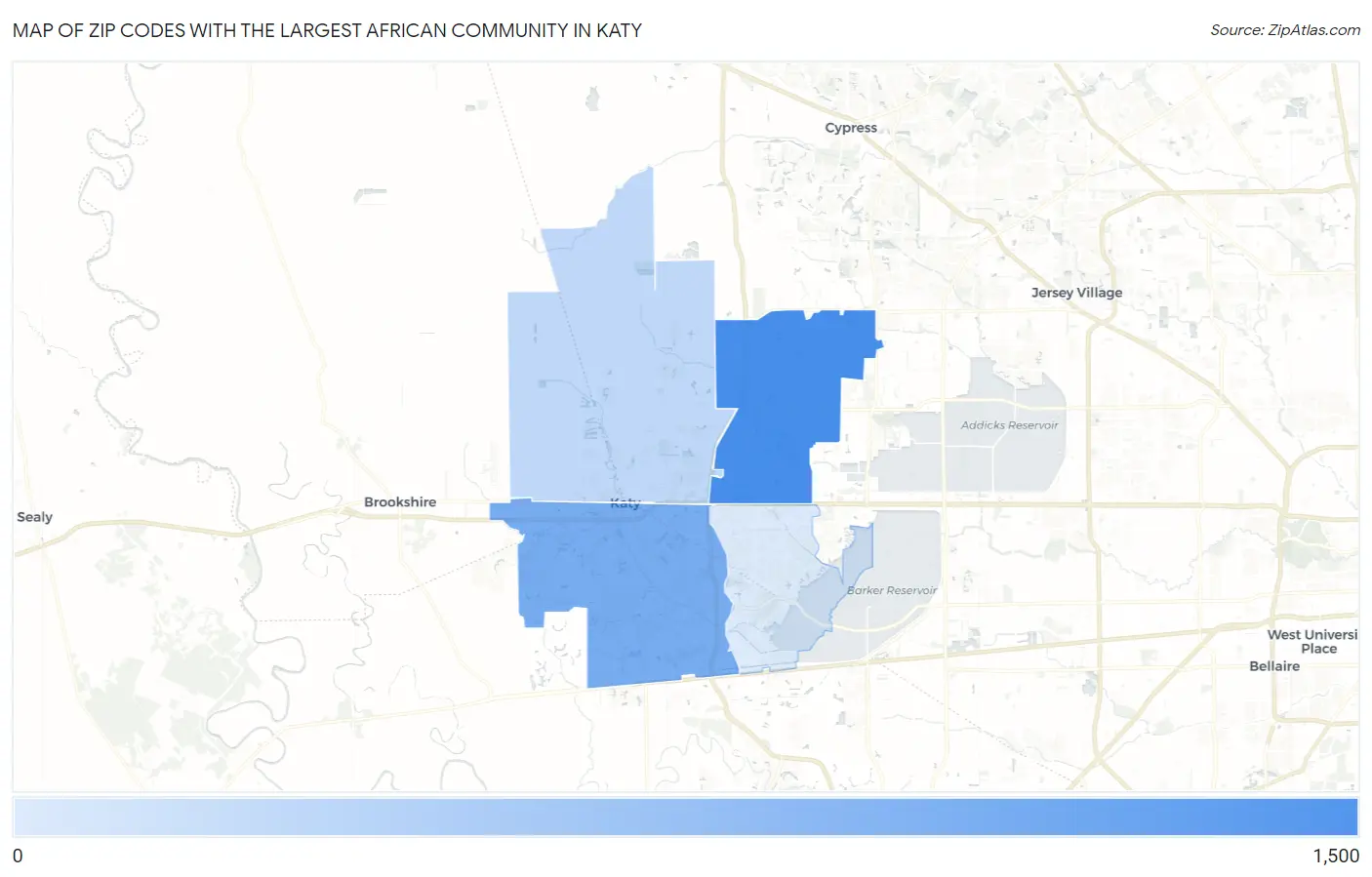 Zip Codes with the Largest African Community in Katy Map