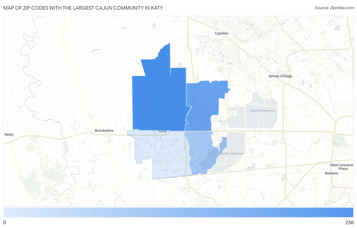 Zip Codes with the Largest Cajun Community in Katy Map