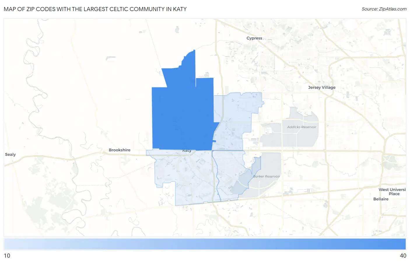Zip Codes with the Largest Celtic Community in Katy Map