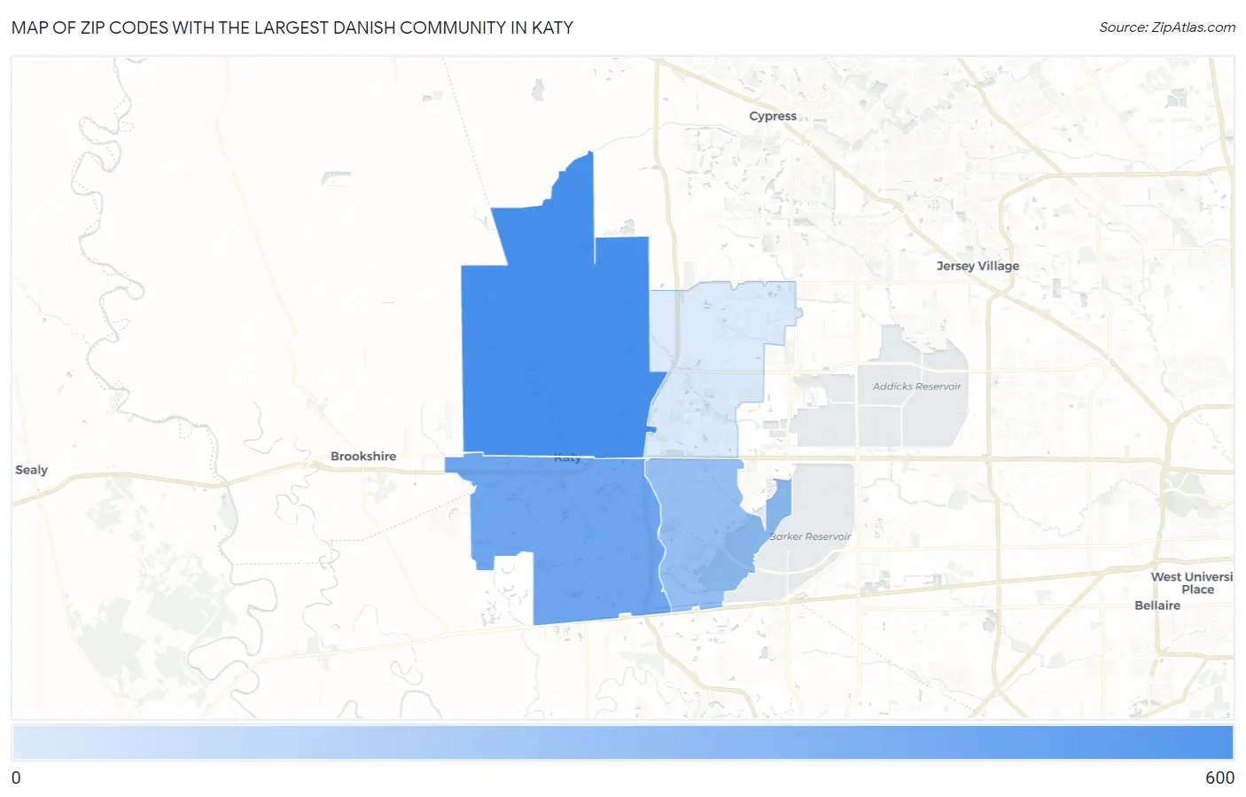 Zip Codes with the Largest Danish Community in Katy Map