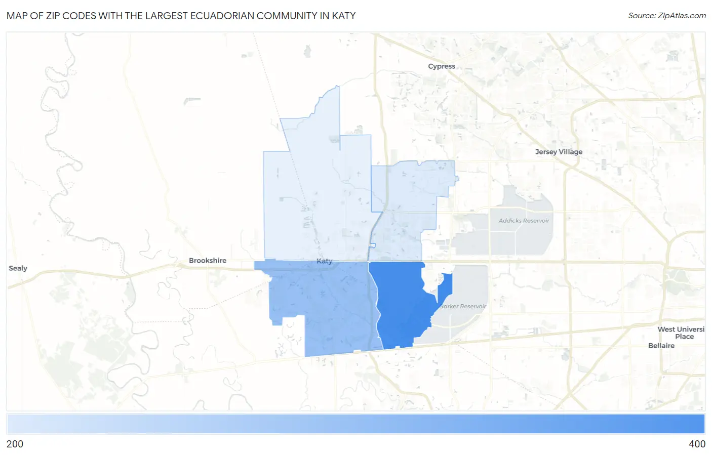 Zip Codes with the Largest Ecuadorian Community in Katy Map