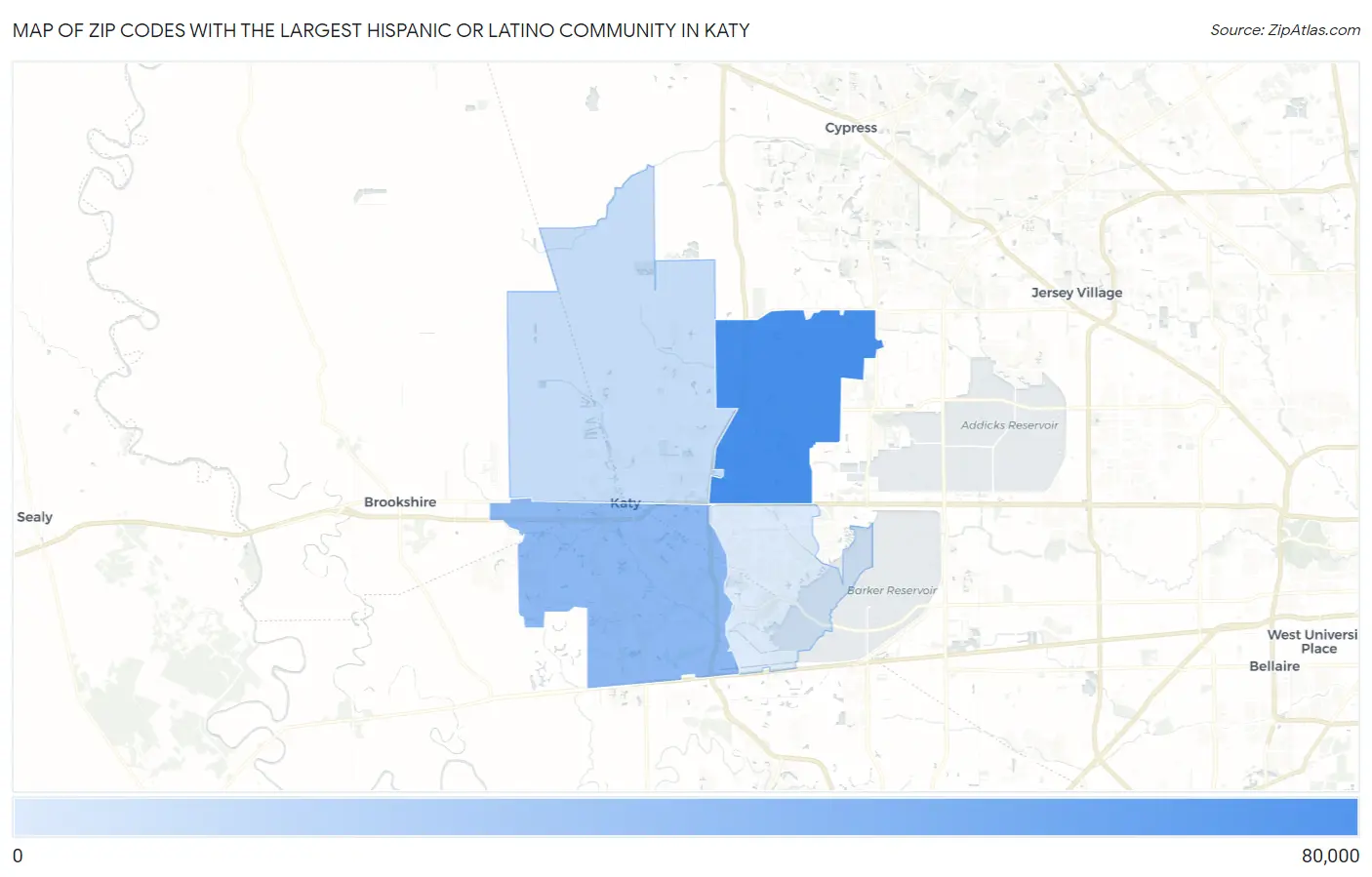 Zip Codes with the Largest Hispanic or Latino Community in Katy Map