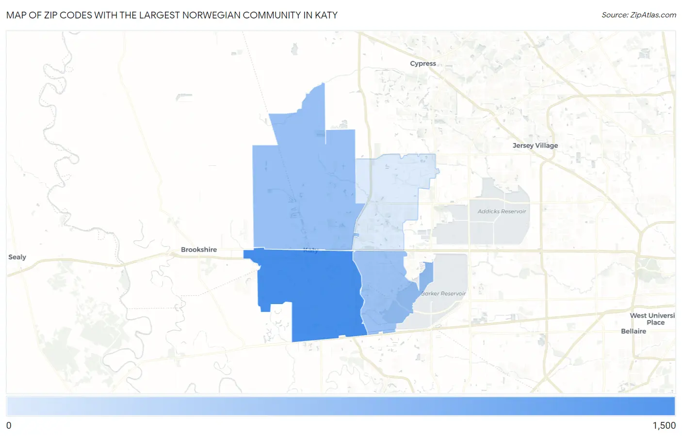 Zip Codes with the Largest Norwegian Community in Katy Map