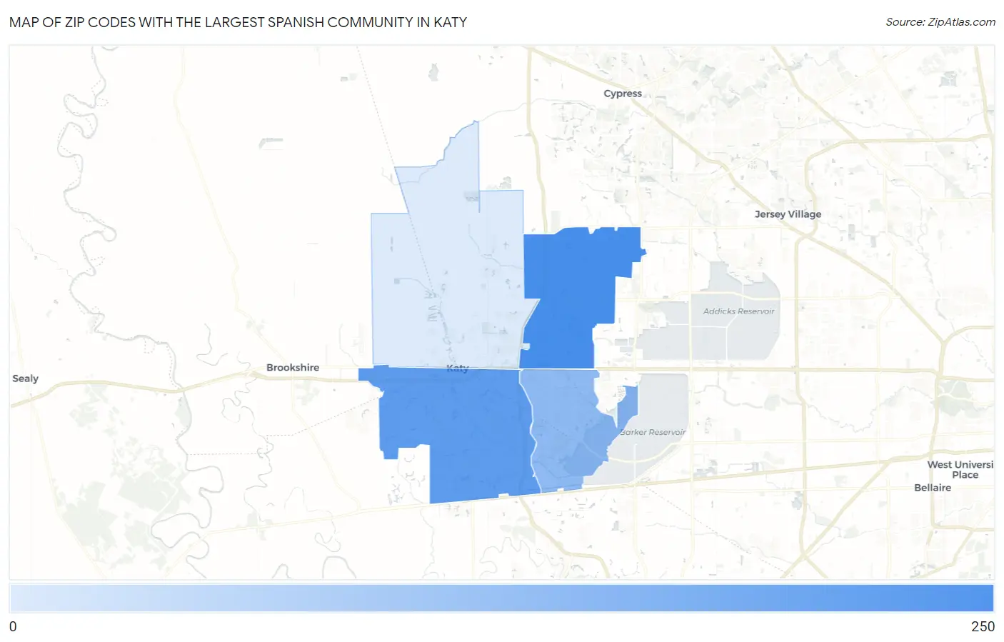 Zip Codes with the Largest Spanish Community in Katy Map
