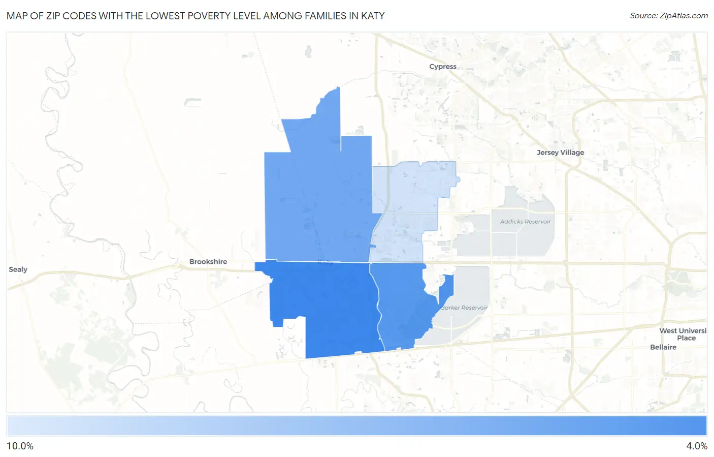 Zip Codes with the Lowest Poverty Level Among Families in Katy Map