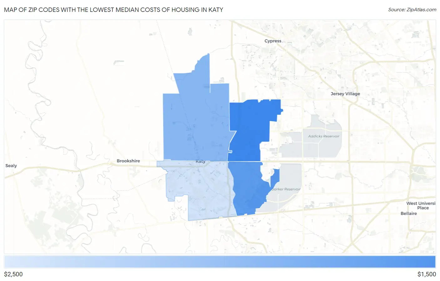 Zip Codes with the Lowest Median Costs of Housing in Katy Map