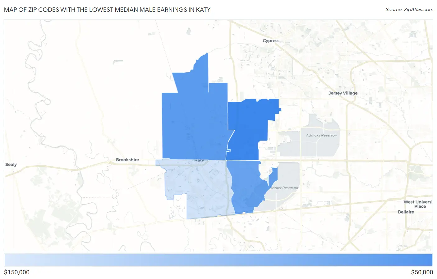 Zip Codes with the Lowest Median Male Earnings in Katy Map
