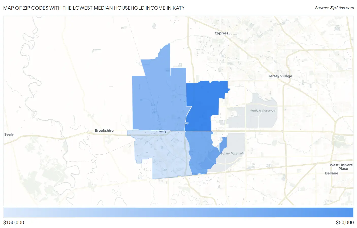 Zip Codes with the Lowest Median Household Income in Katy Map