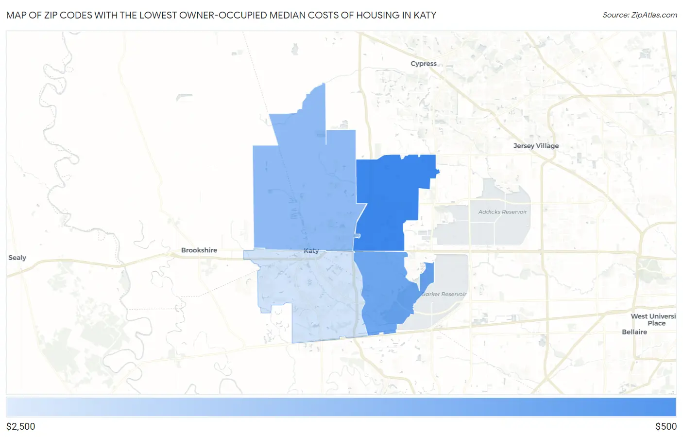 Zip Codes with the Lowest Owner-Occupied Median Costs of Housing in Katy Map