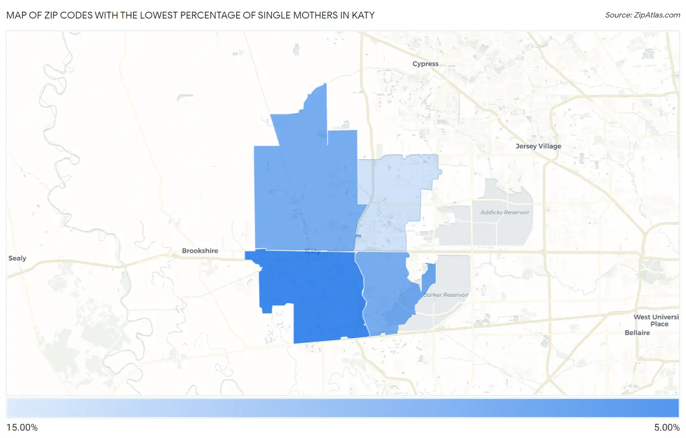 Zip Codes with the Lowest Percentage of Single Mothers in Katy Map