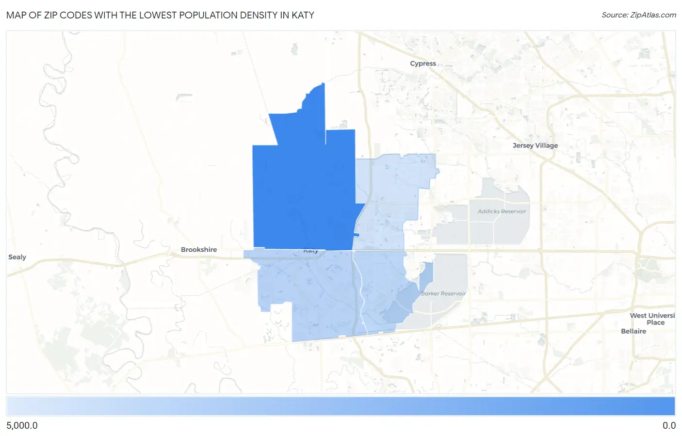 Zip Codes with the Lowest Population Density in Katy Map