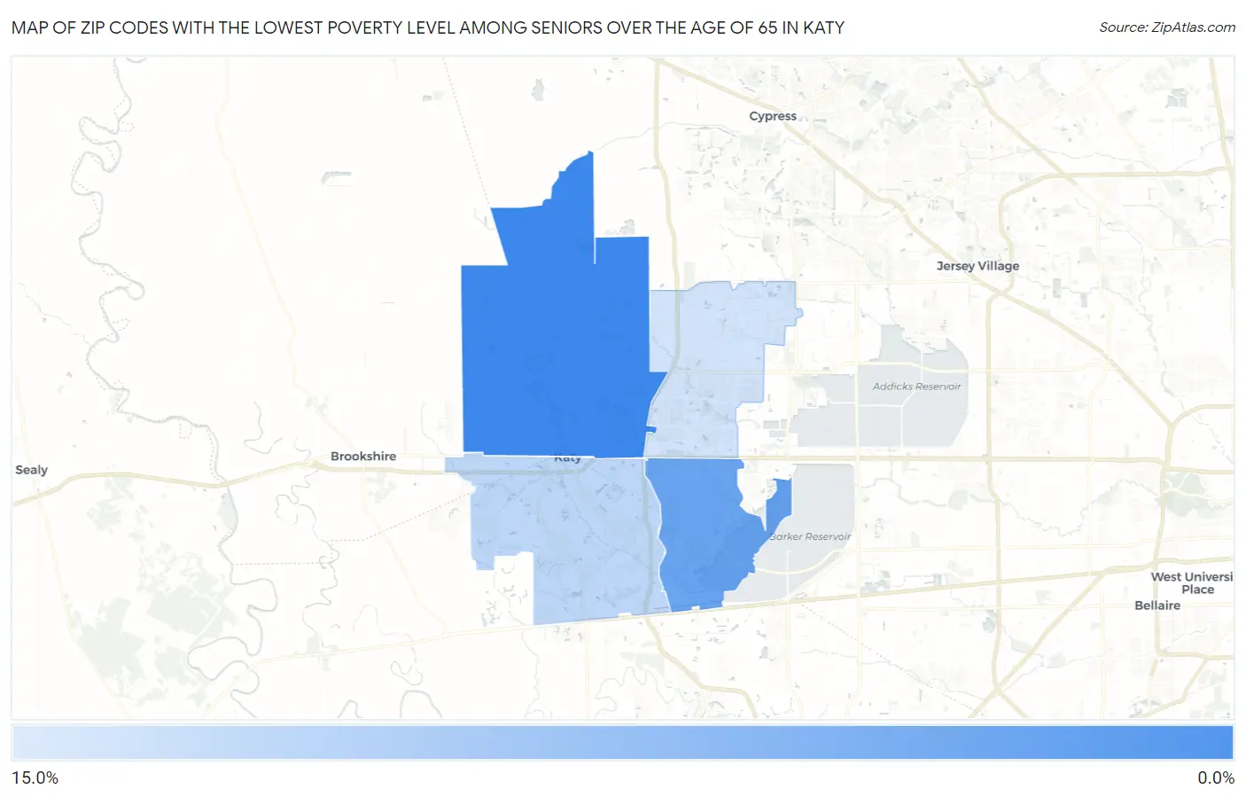 Zip Codes with the Lowest Poverty Level Among Seniors Over the Age of 65 in Katy Map