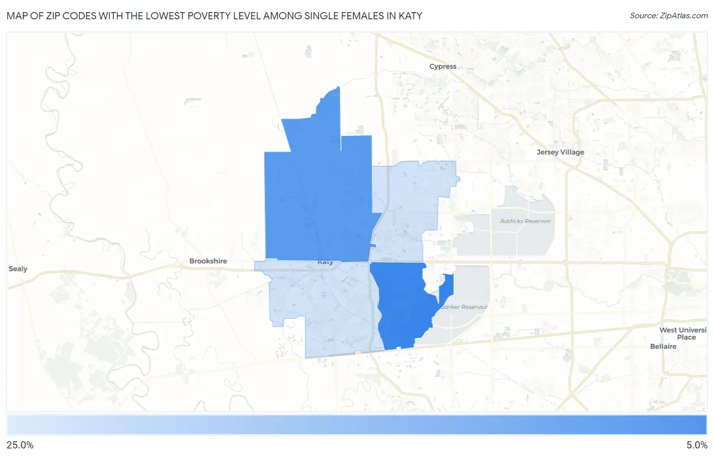 Zip Codes with the Lowest Poverty Level Among Single Females in Katy Map