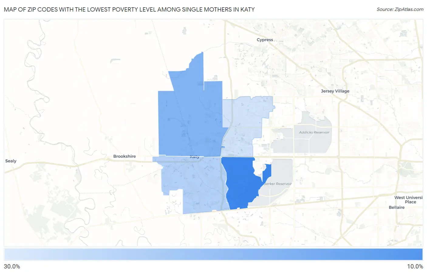 Zip Codes with the Lowest Poverty Level Among Single Mothers in Katy Map