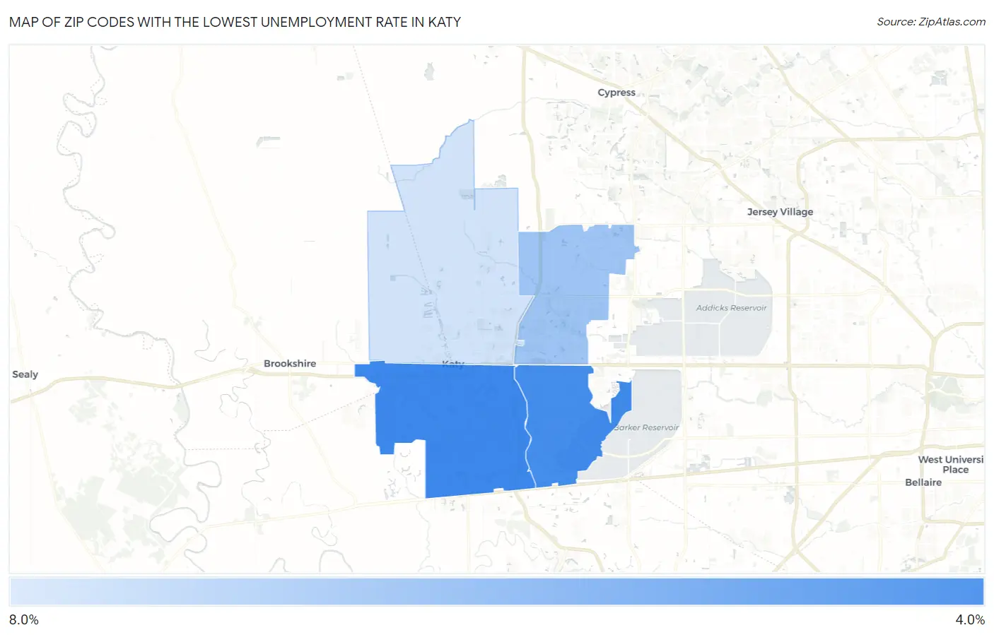 Zip Codes with the Lowest Unemployment Rate in Katy Map