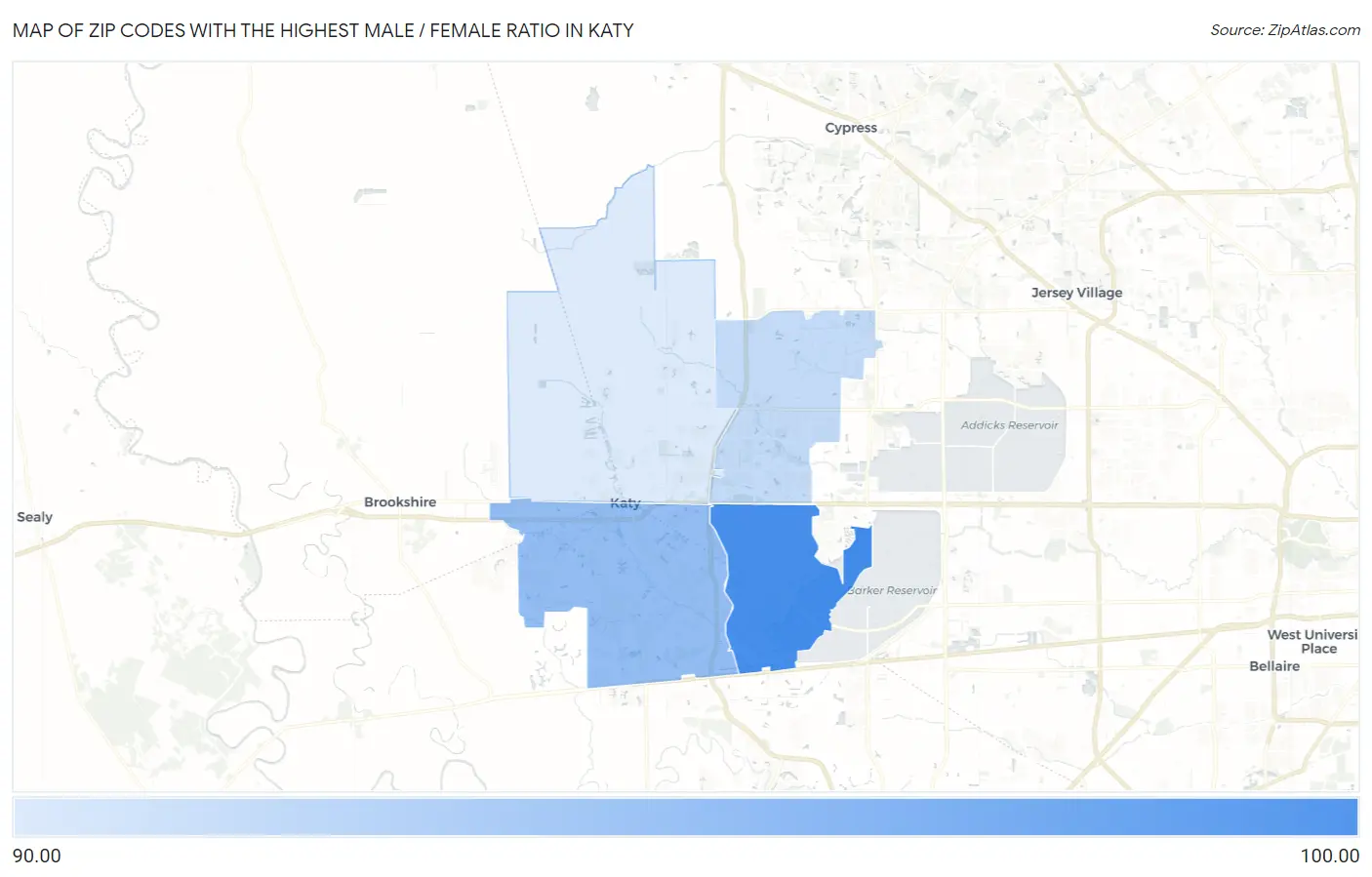 Zip Codes with the Highest Male / Female Ratio in Katy Map