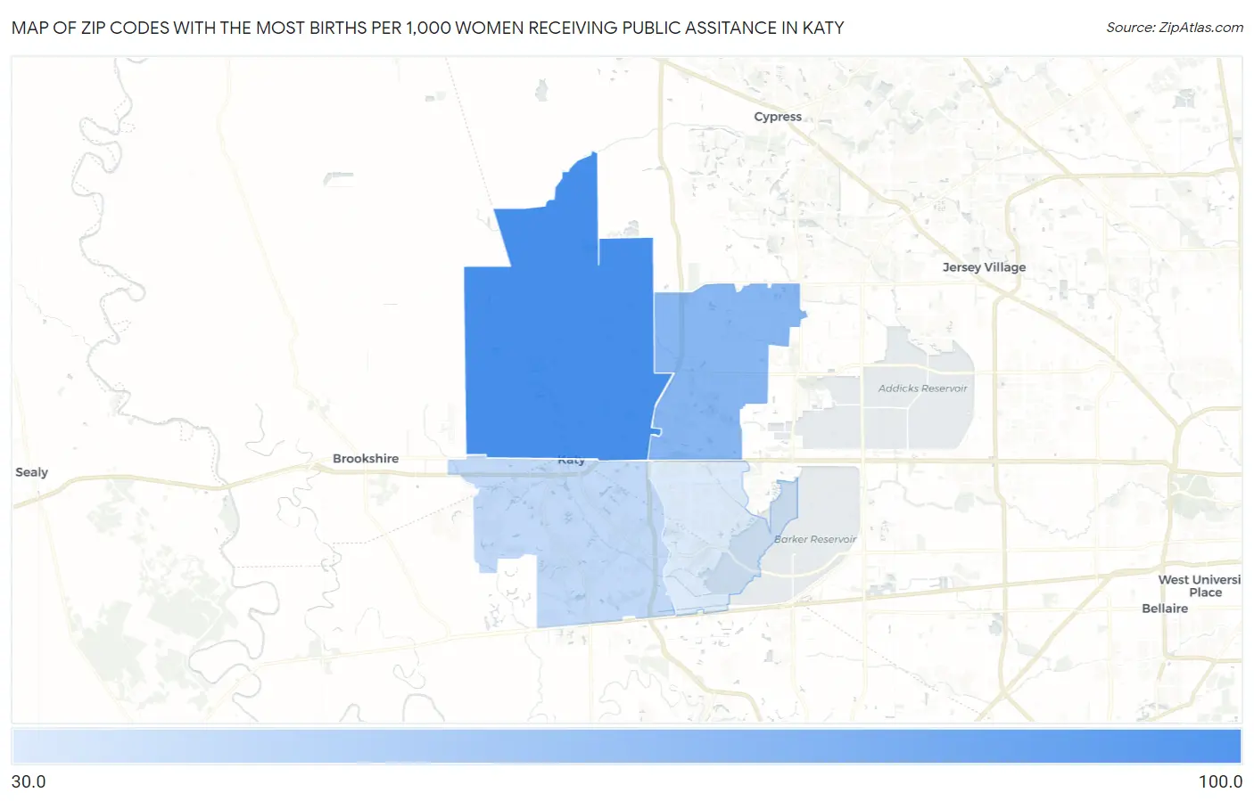 Zip Codes with the Most Births per 1,000 Women Receiving Public Assitance in Katy Map
