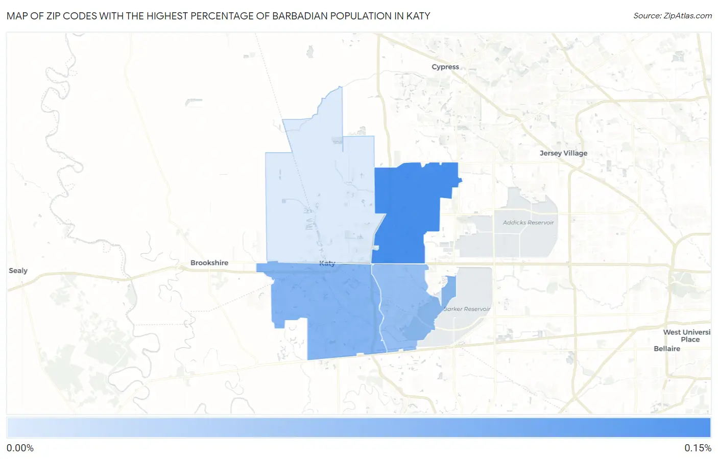 Zip Codes with the Highest Percentage of Barbadian Population in Katy Map