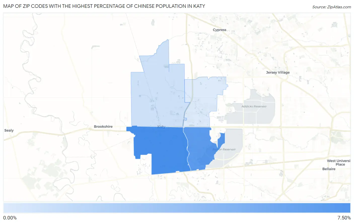 Zip Codes with the Highest Percentage of Chinese Population in Katy Map